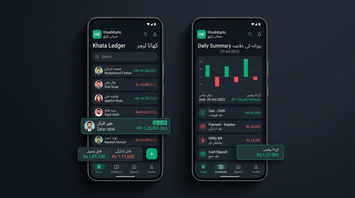 HisabKarlo App Screens — Khata Ledger and Cashbook